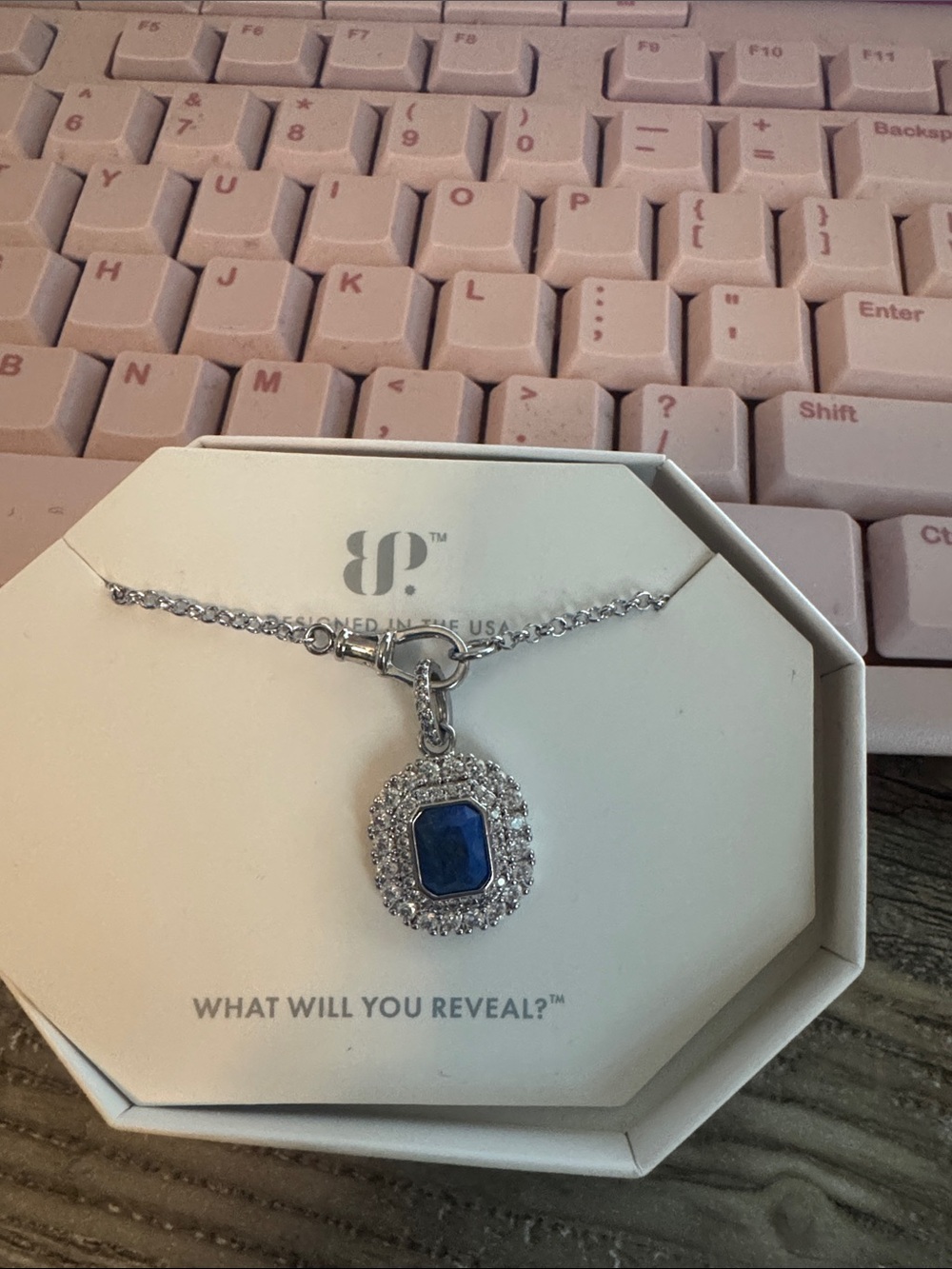 bp Silver-Tone Necklace with Deep Blue Gem Halo Pendant